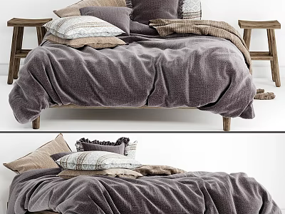 Double Bed In Cozy Bedroom With Soft Gray Bedding Multiple Pillows And Wooden Nightstands 3d model