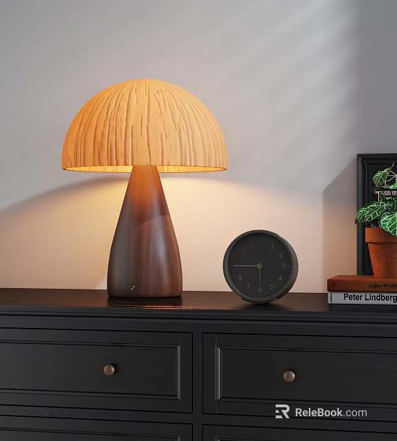Yellow Pleated Lampshade Wooden Base Table Lamp On Black Cabinet With Clock Book And Plant 3d model 