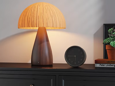 Yellow Pleated Lampshade Wooden Base Table Lamp On Black Cabinet With Clock Book And Plant 3d model
