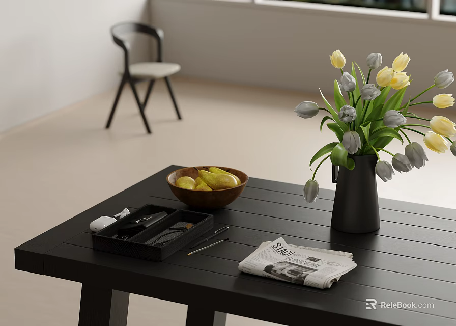 Decorative Ornament Combination On Tabletop With Vase Tulips Fruit Bowl Tray And Magazine 3d model 