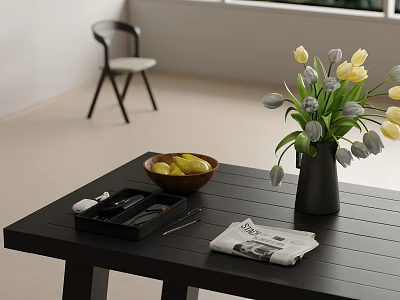 Decorative Ornament Combination On Tabletop With Vase Tulips Fruit Bowl Tray And Magazine 3d model