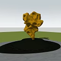 Garden Landscape Featuring Central Golden Sculpture Black Base Green Trees And Bushes