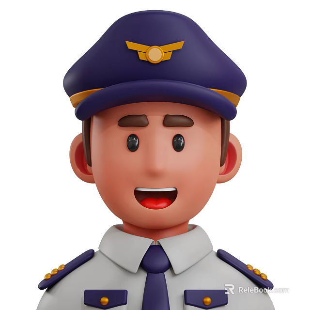 3D Cartoon Game Movie Character Pilot with Blue Hat Gold Badge White Uniform and Tie 3d model 