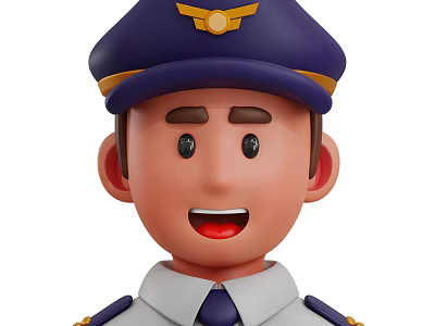3D Cartoon Game Movie Character Pilot with Blue Hat Gold Badge White Uniform and Tie 3d model