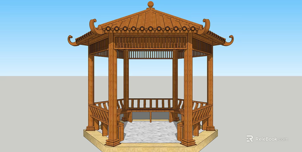 Traditional Chinese Wooden Pavilion With Octagonal Structure Tile Roof And Carved Railings 3d model 