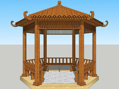 Traditional Chinese Wooden Pavilion With Octagonal Structure Tile Roof And Carved Railings 3d model
