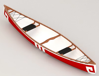 Red and White Wooden Canoe With Black Seats And Classic Wooden Frame 3d model