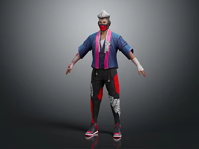 Stylish Game Character With Headscarf Mask Blue Top And Colorful Outfit Details 3d model