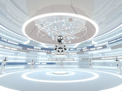 Modern Tech Exhibition Hall With Circular Lighting And White Design Elements 3d model