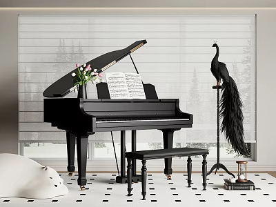 Elegant Black Grand Piano Room Interior With Music Sheets Flower And Peacock Decor 3d model