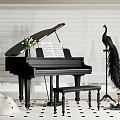 Elegant Black Grand Piano Room Interior With Music Sheets Flower And Peacock Decor 3d model