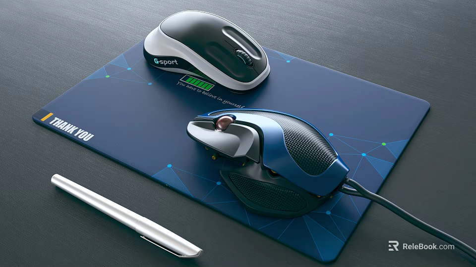 Ergonomic Computer Mice With Wireless And Wired Options On Blue Geometric Mouse Pad 3d model 