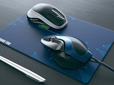 Ergonomic Computer Mice With Wireless And Wired Options On Blue Geometric Mouse Pad 3d model