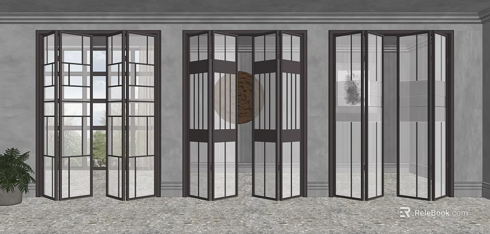 Modern Interior Folding Doors With Glass Panels And Black Metal Frames 3d model 