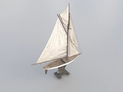 Wooden Boat Model With White Sail And Wooden Stand On Gray Background 3d model