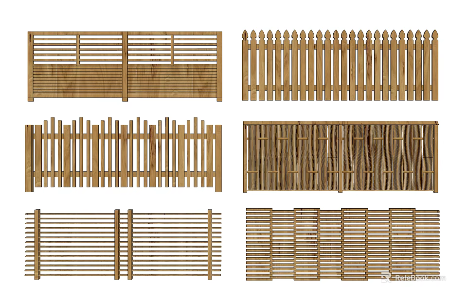 Different Types Of Wooden Fences Featuring Various Designs For Garden Areas 3d model 