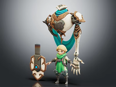 Blonde Haired Character In Green Scarf With Large Mechanical Creature Shield Featuring Blue Gem 3d model
