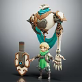 Blonde Haired Character In Green Scarf With Large Mechanical Creature Shield Featuring Blue Gem