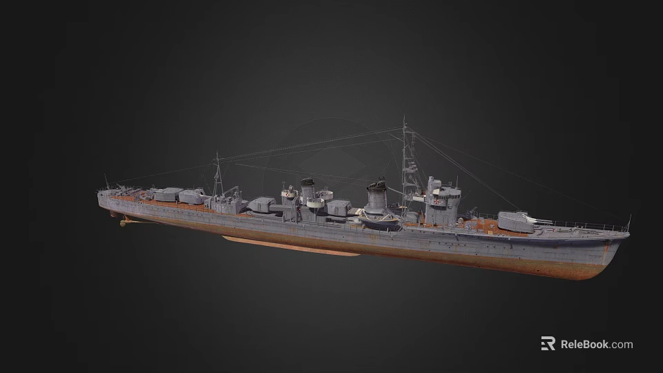 Detailed Gray Warship With Turrets Masts And Deck Equipment In Side View 3d model