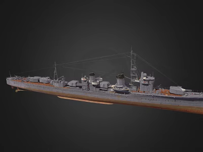 Detailed Gray Warship With Turrets Masts And Deck Equipment In Side View 3d model