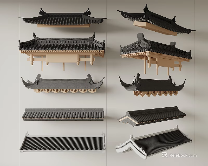 Chinese Traditional Roof Components Featuring Various Classic Styles Ornate Eaves And Tile Designs 3d model 