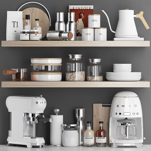 Organized Modern Kitchenware On Shelves With Jars Plates Coffee Maker And Mixer 3d model 