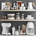 Organized Modern Kitchenware On Shelves With Jars Plates Coffee Maker And Mixer
