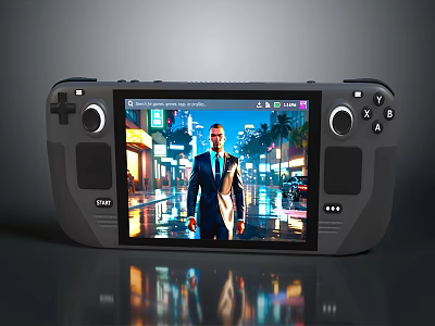 Dog On Handheld Game Console Screen In Rainy Night City Street Scene 3d model