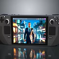 Dog On Handheld Game Console Screen In Rainy Night City Street Scene