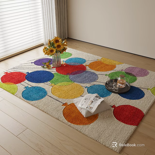 Square Rug with Colorful Circular Patterns Featuring Sunflower Bouquet Tray and Cup on Wooden Floor 3d model 