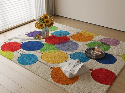 Square Rug with Colorful Circular Patterns Featuring Sunflower Bouquet Tray and Cup on Wooden Floor 3d model