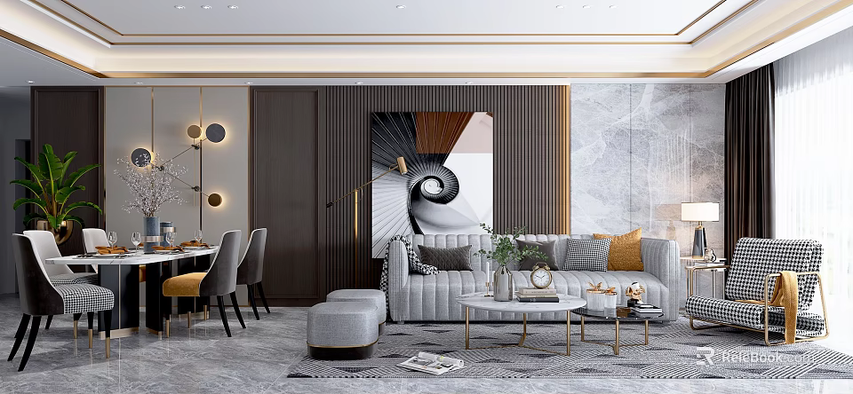 Modern Living Dining Room Interior With Gray Sofa Coffee Table And Abstract Artwork 3d model