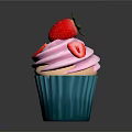 Delicious Cupcake With Pink Frosting Whole Strawberry And Sliced Strawberry On Teal Paper Cup