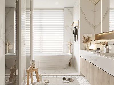 Modern Bathroom Interior Design With Marble Vanity Bathtub And Wooden Cabinets Mirror And Blinds 3d model