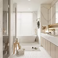 Modern Bathroom Interior Design With Marble Vanity Bathtub And Wooden Cabinets Mirror And Blinds