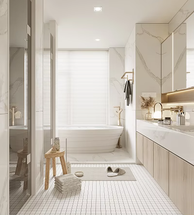 Modern Bathroom Interior Design With Marble Vanity Bathtub And Wooden Cabinets Mirror And Blinds 3d model