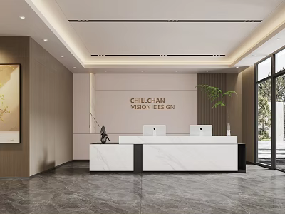 Modern Front Desk Reception Area With Marble Counter And Floor to Ceiling Windows 3d model