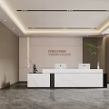 Modern Front Desk Reception Area With Marble Counter And Floor to Ceiling Windows