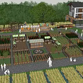 Picturesque Rural Landscape With Organized Vegetable Gardens Wooden Cabins Windmill And People Visiting