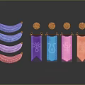 Colorful Fabric Pieces and Gold Badges on Clothing Accessories with Banner Decorations and Various Symbols