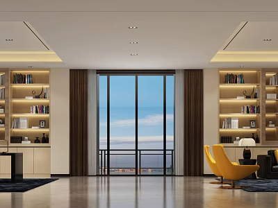 Modern Office Interior Design With Bookshelves Large Window Yellow Chair And Wooden Desk 3d model