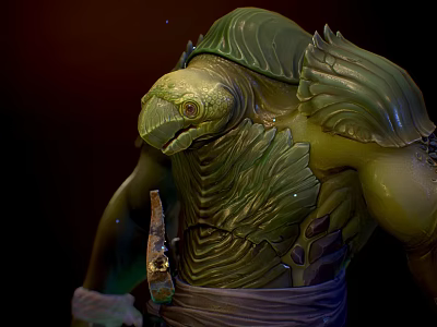 Mythical Green Scaled Creature Character With Textured Skin And Holding Knife Bandages 3d model