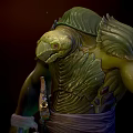 Mythical Green Scaled Creature Character With Textured Skin And Holding Knife Bandages