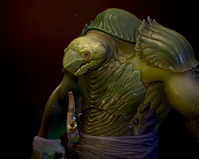 Mythical Green Scaled Creature Character With Textured Skin And Holding Knife Bandages 3d model