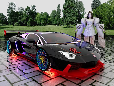 Black Sports Car With Colorful Wheels Red Decal Female With Wings And Green Trees Background 3d model