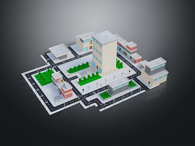 Cartoon Scene of Colorful 3D Model Neighborhood With Buildings Roads and Green Areas 3d model