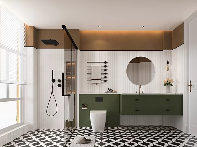 Modern Bathroom Interior Design With Black White Geometric Tiles Green Vanity And Round Mirror 3d model