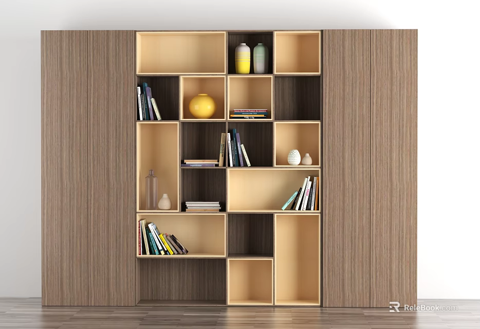 Modern Wooden Bookshelf With Open Shelves Books Decorative Vase And Ornaments 3d model 