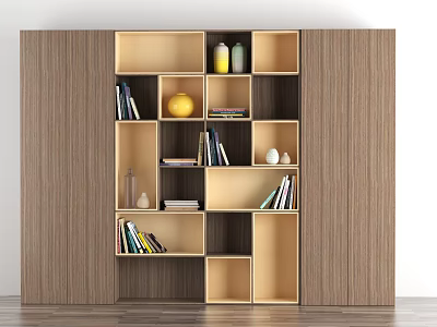 Modern Wooden Bookshelf With Open Shelves Books Decorative Vase And Ornaments 3d model