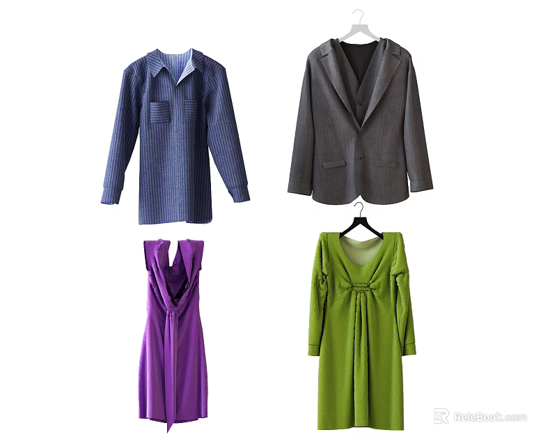 Stylish Women's Clothing Collection With Blue Shirt Gray Blazer Purple And Green Dresses 3d model 